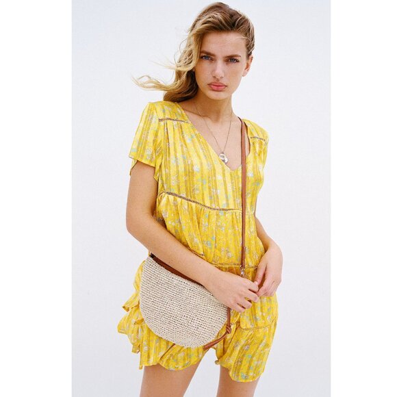 Urban Outfitters Picnic Tiered Frock Short Sleeve Dress XS Glowy Golden Yellow - Picture 2 of 12